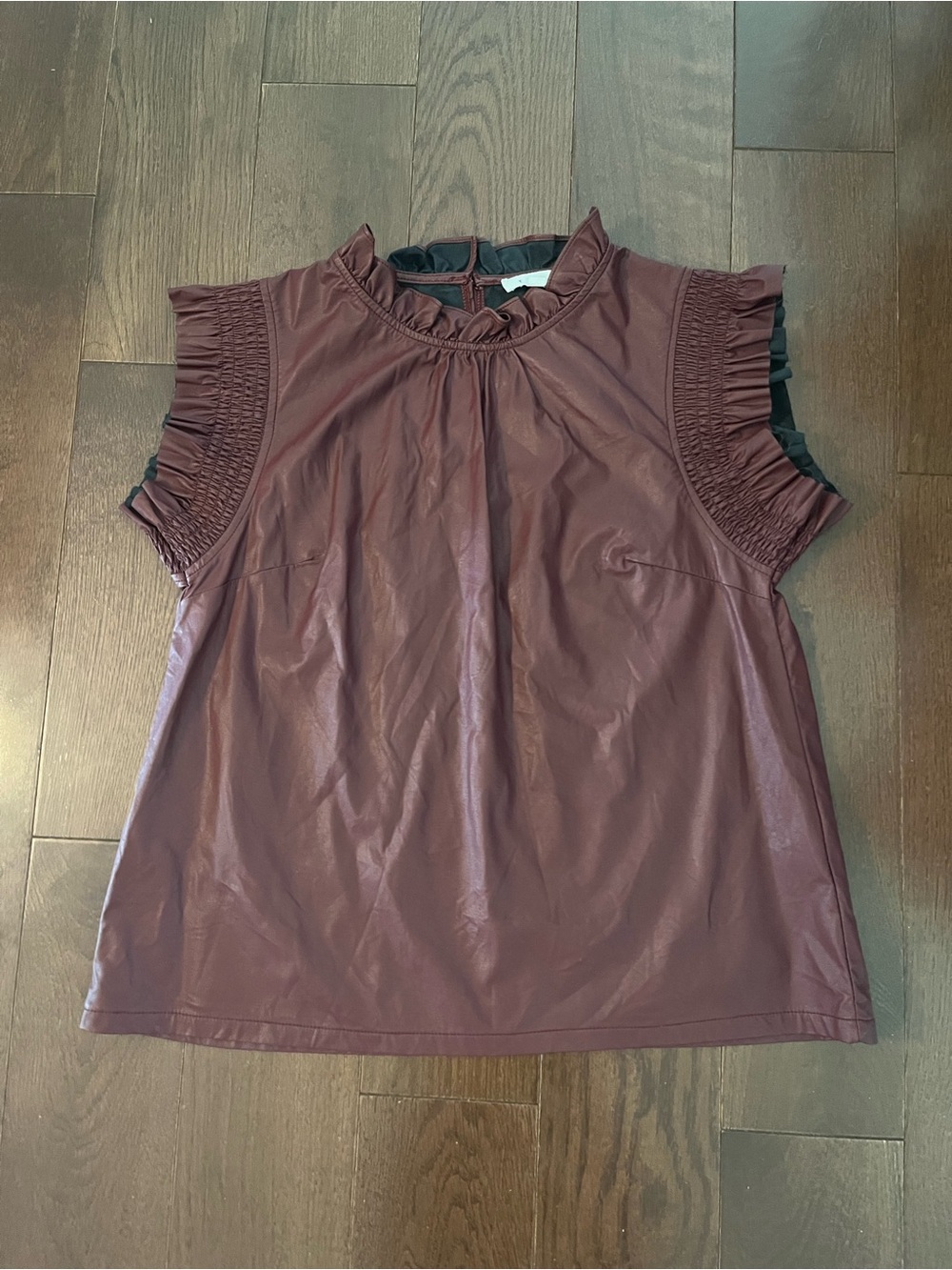 THML Sleeveless Faux-Leather Ruffle Mock Neck Top - Burgundy